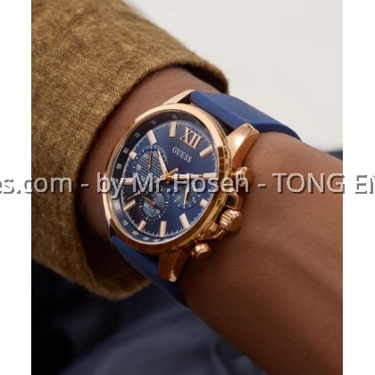 GUESS Mens Blue Rose Gold Tone Multi-function Watch 44mm GW0913G1