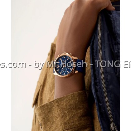 GUESS Mens Blue Rose Gold Tone Multi-function Watch 44mm GW0913G1